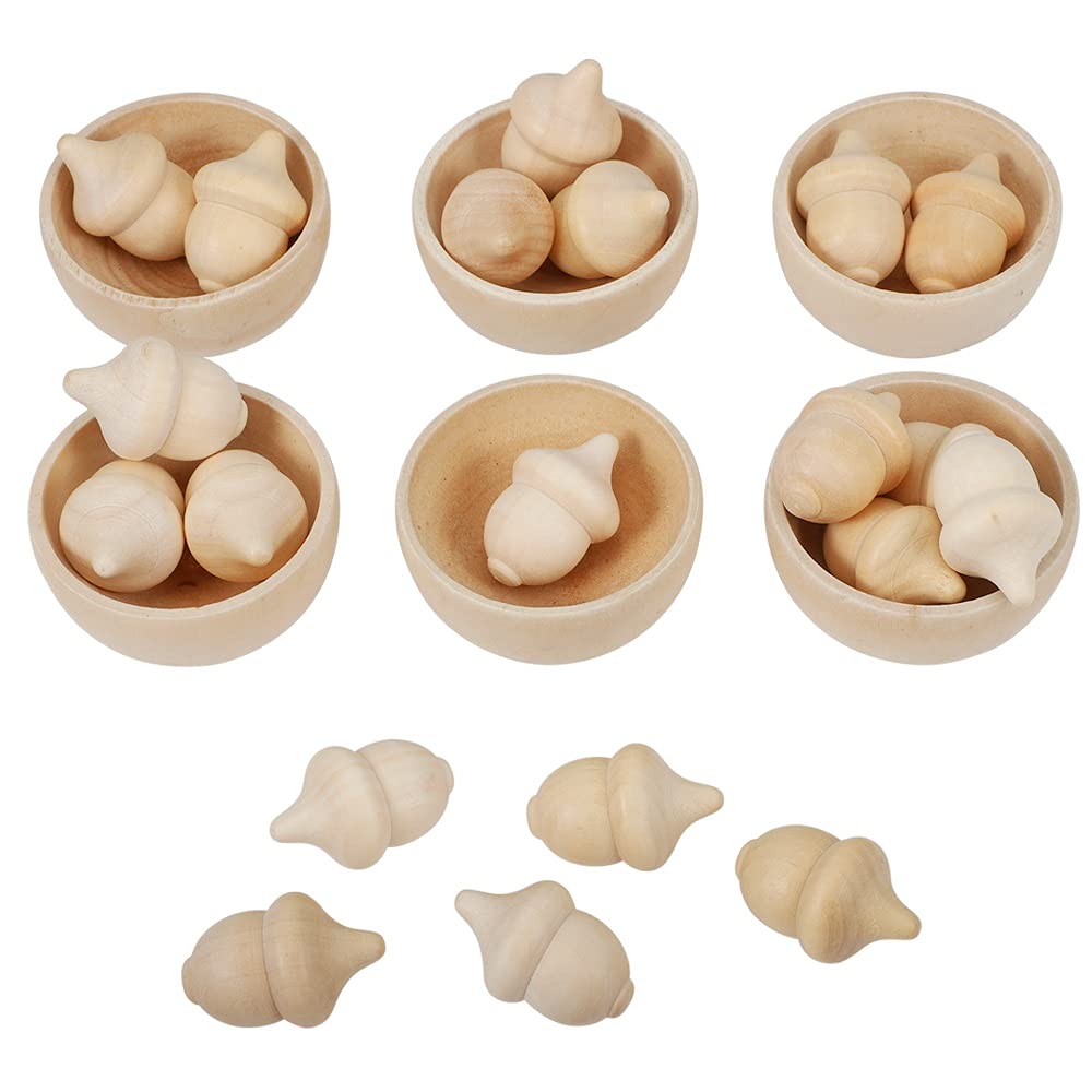 Unfinished Wooden Acorn and Bowl Kit – Set of 20 Acorns and 6 Bowls Handicraft Decor Kit for DIY, Painting, Art Projects, Staining, Decorate — view 2